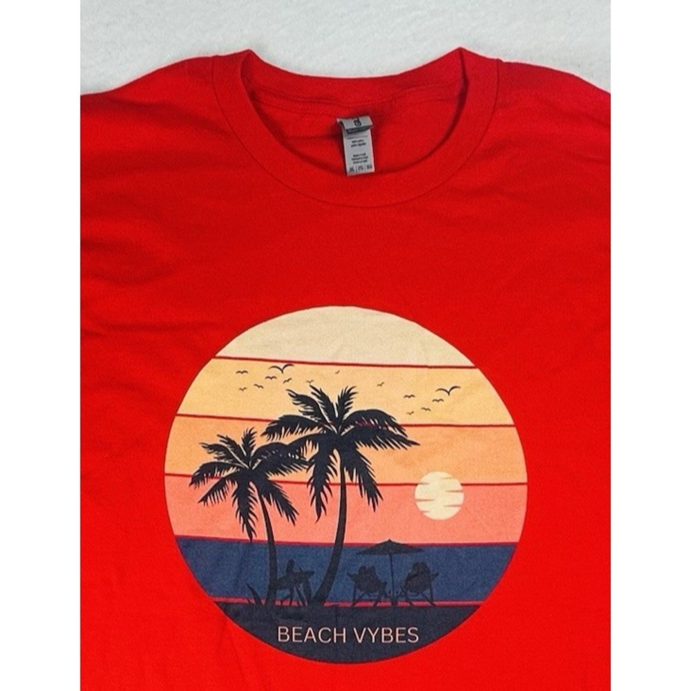 Retro Beach Vibes Sunset Palm Trees Vacation Nautical Red T-Shirt Unisex 3XL Tee